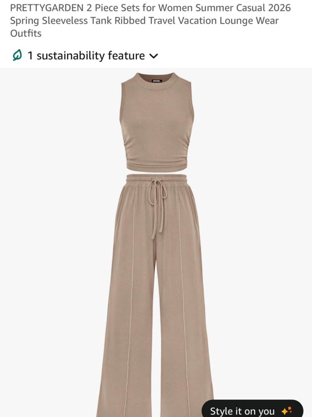 Sleeveless Ribbed Crop & Drawstring Wide-Leg Pants Set — Taupe
